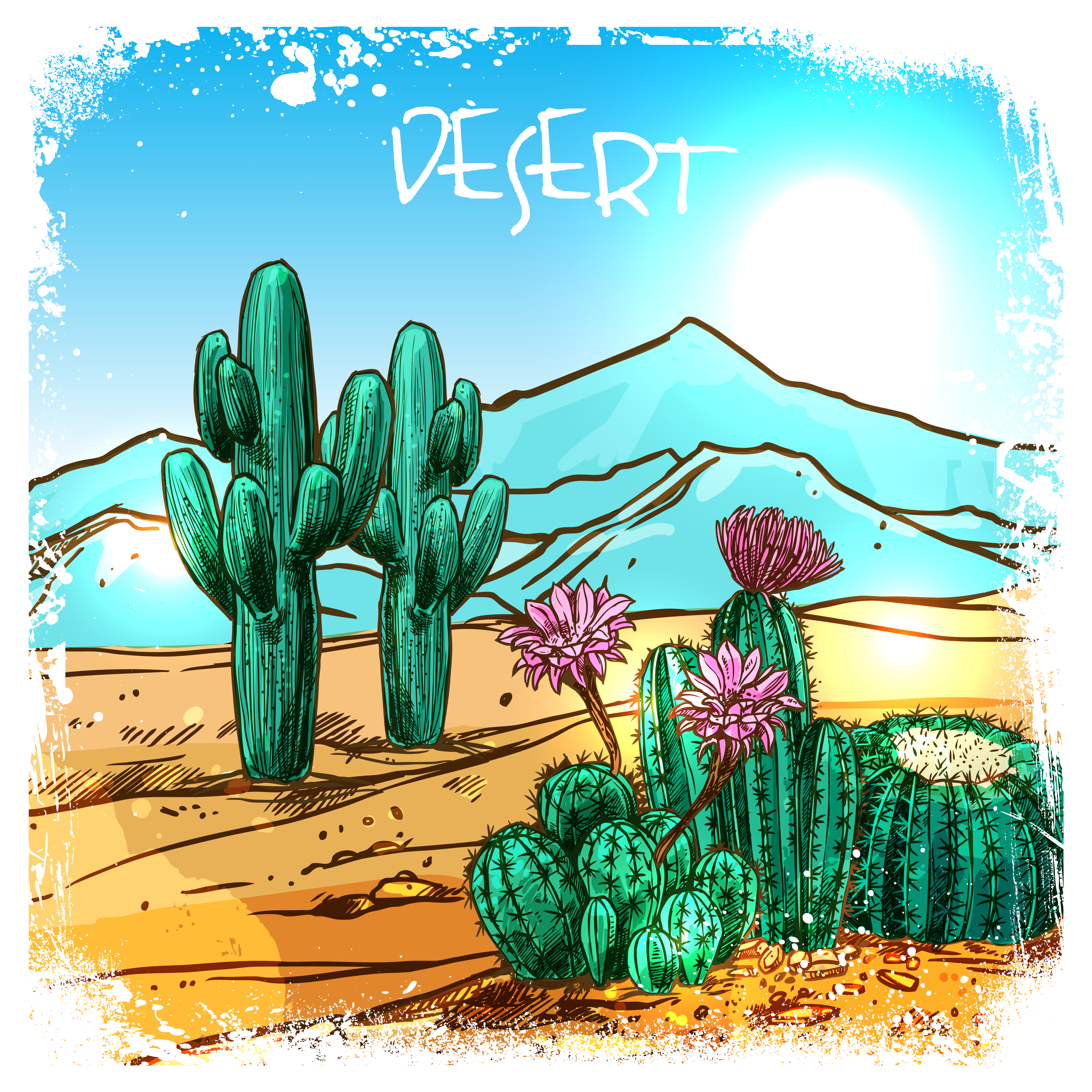 Sketch of the desert of America with cacti Prairie landscape Hand drawn  vector illustration  Stock Image  Everypixel