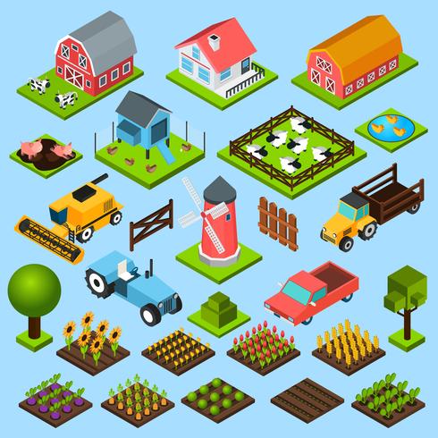 Farm isometric icons set vector