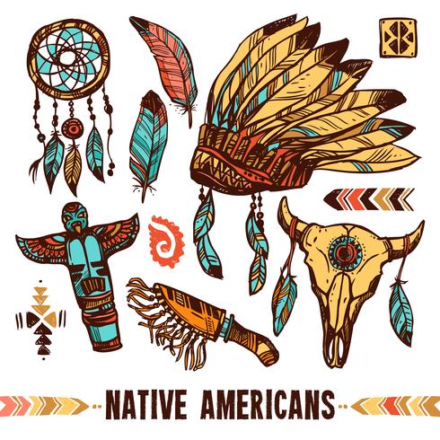 Conjunto de iconos decorativos de los nativos americanos vector