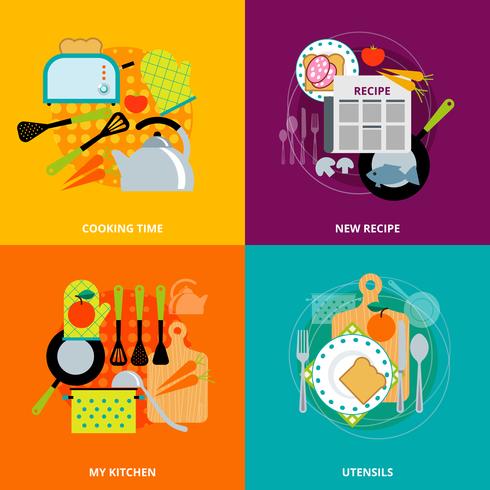 Concepto de cocina 4 iconos planos cuadrados vector