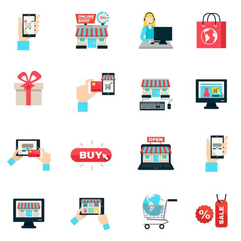 Conjunto de iconos planos de compras en Internet vector