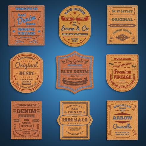 Leather classic denim jeans labels set vector