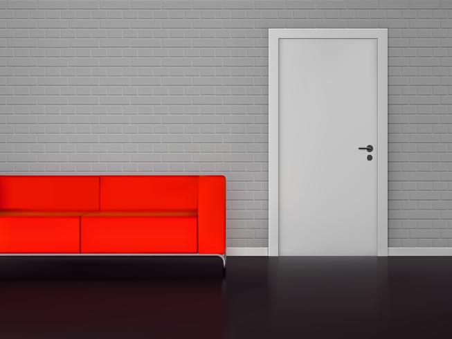 Pared de ladrillos con puerta blanca y sofá rojo. vector