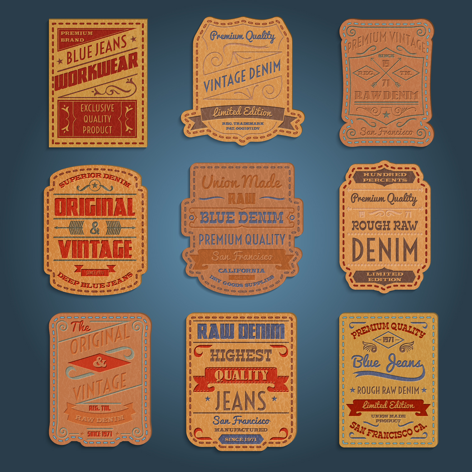 Leather classic denim jeans labels set 469954 Vector Art at Vecteezy