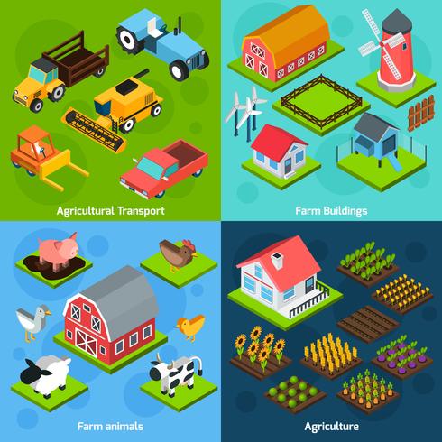 Farm 4 isometric square icons coposition vector