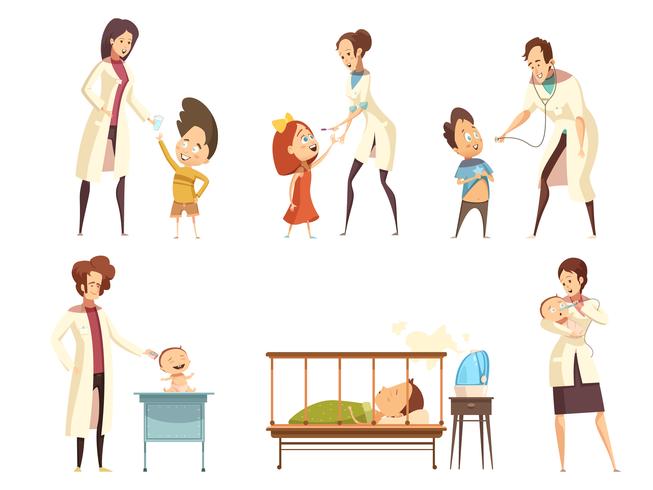 Ill Children Hospital Treatment Cartoon Set  vector