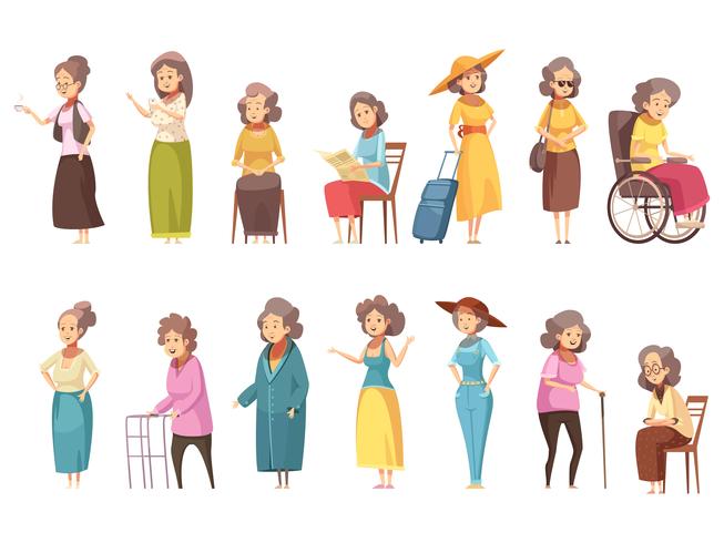 Conjunto de iconos de dibujos animados de mujeres mayores vector