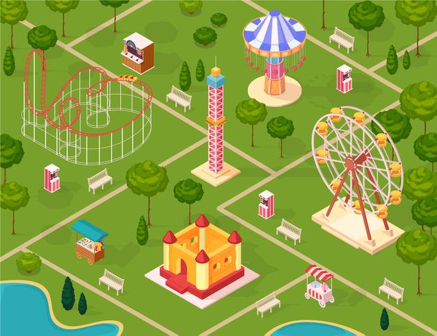 Parque de atracciones isométrico de patrones sin fisuras vector