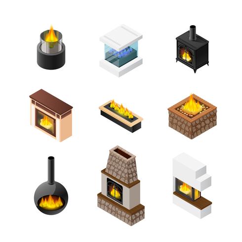 Isometric Fireplace Icon Set vector