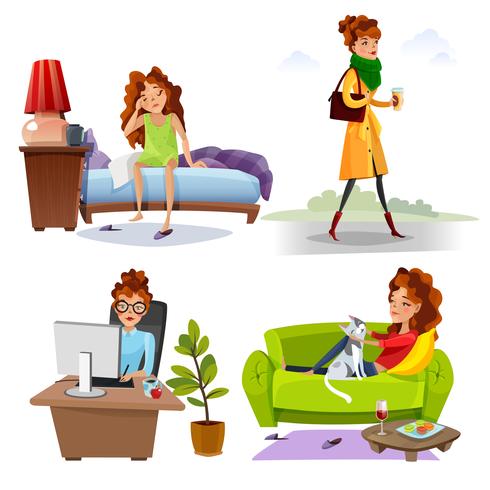 Working Woman Daily Routine Flat Icons vector