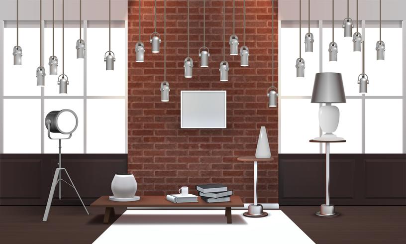 Interior de loft realista con lámparas colgantes vector