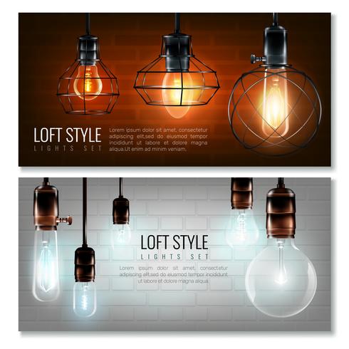 Glowing Light Bulbs Horizontal Banner Set vector