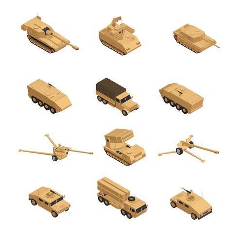 Conjunto de iconos isométricos de vehículos militares vector