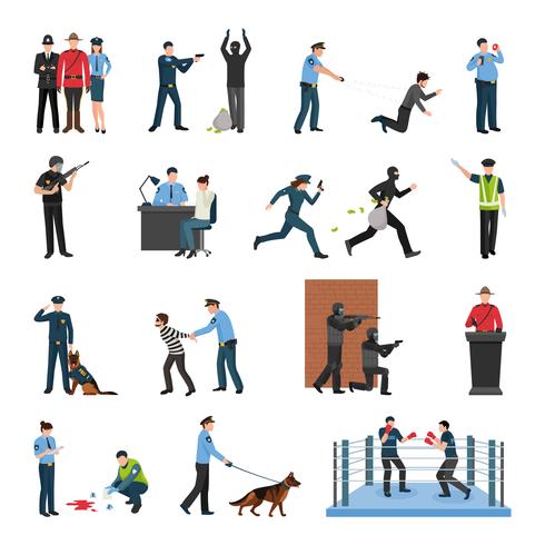 Police Team Training Flat Icons Set vector