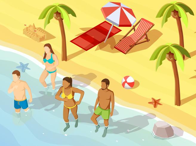 Cartel isométrico de los amigos playa océano vacaciones vector