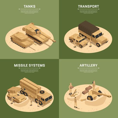 Conjunto de iconos isométricos de vehículos militares cuadrados vector