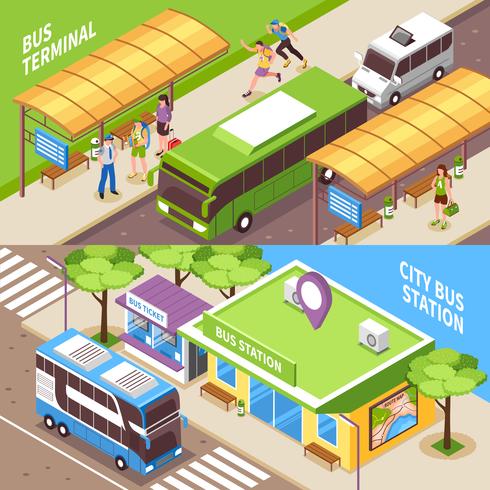 Bus Terminal Isometric Horizontal Banners vector