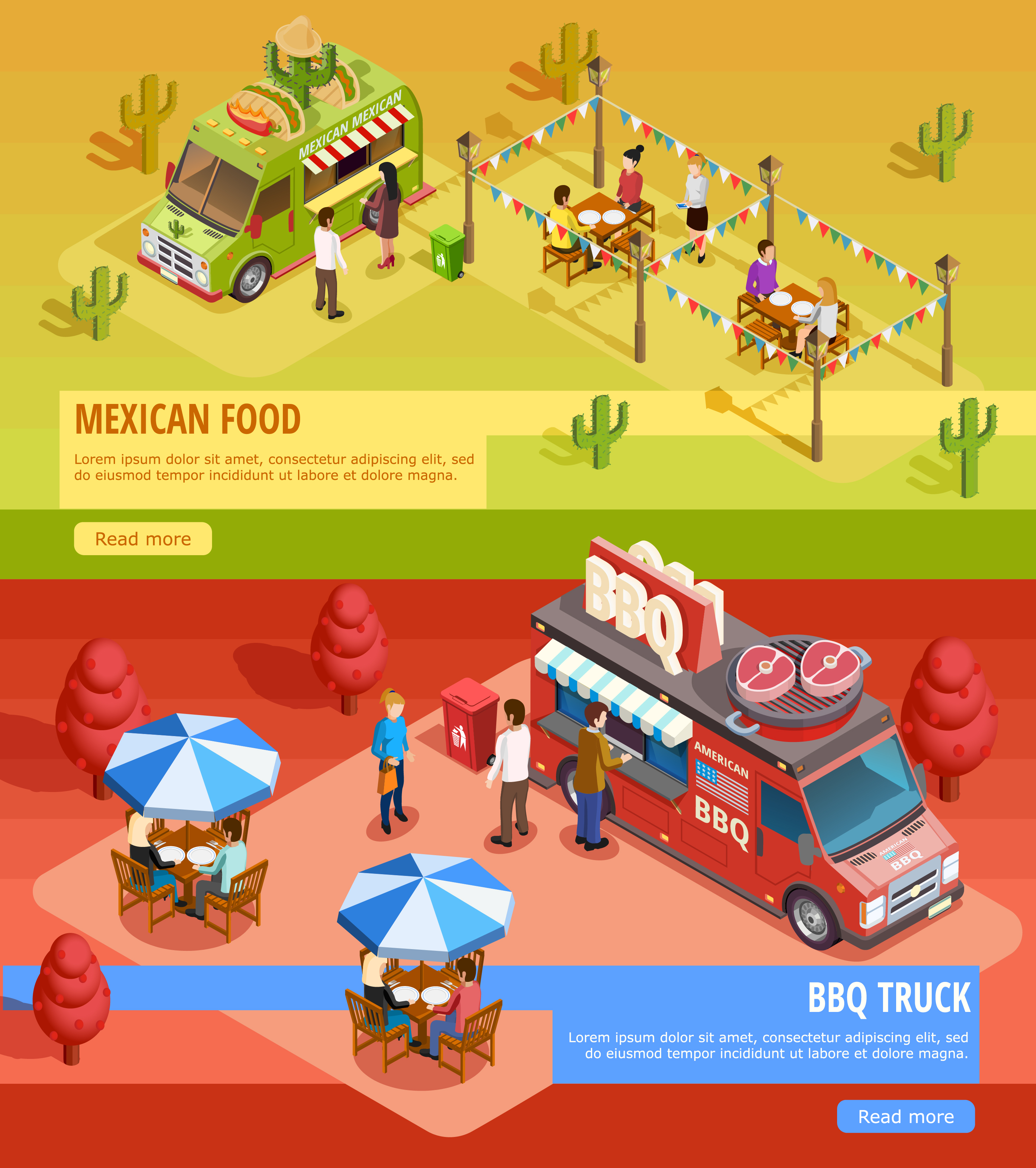 Food Trucks 2 Horizontal Isometric banners 471237 Vector Art at Vecteezy