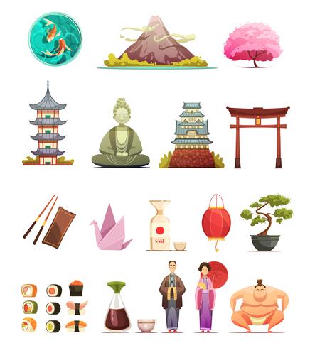 Japón cultura Retro Cartoon Icons Set vector