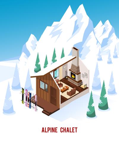 Isometric Chalet With Fireplace In Mountains  vector