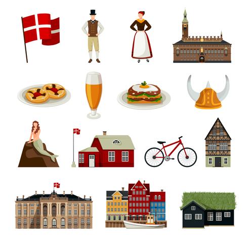 Denmark Flat Style Icons Set vector
