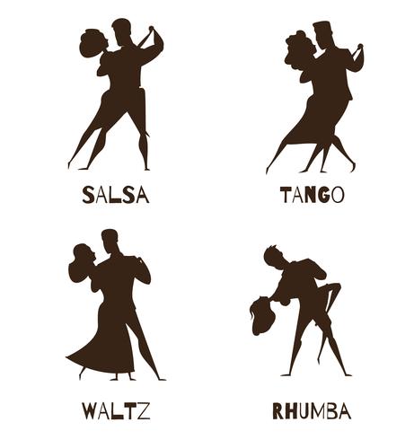 Baile parejas iconos de dibujos animados retro negro vector