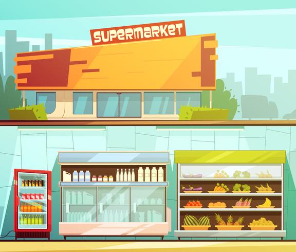 Supermercado 2 conjunto de Banners de dibujos animados retro vector