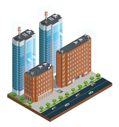 Comunicación inalámbrica de la ciudad composición isométrica vector