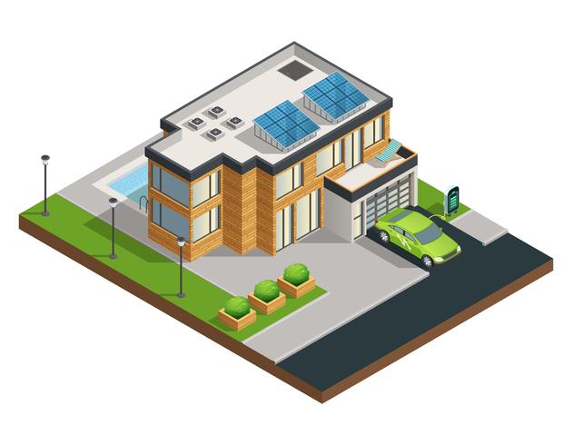 Ilustración isométrica de la casa ecológica verde vector