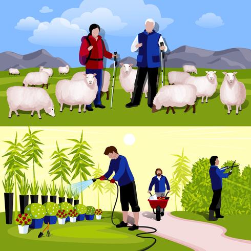 Farmers Gardeners 2 Horizontal Flat Banners Set vector