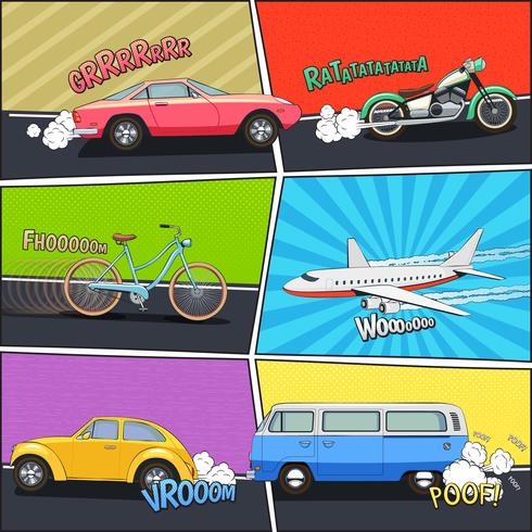 Conjunto de cuadros cómicos de transporte. vector