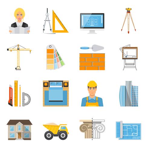 Architect Flat Colored Icons Collection vector