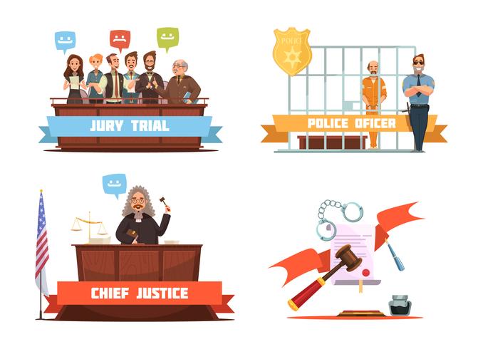 Ley justicia 4 iconos de dibujos animados retro vector