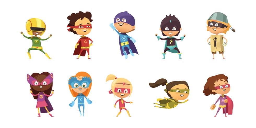 Set Retro Niños Supeheroes vector