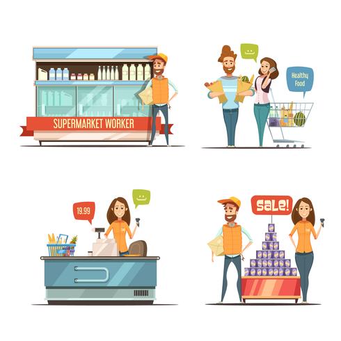 People in Supermarket Cartoon Icons Collection vector