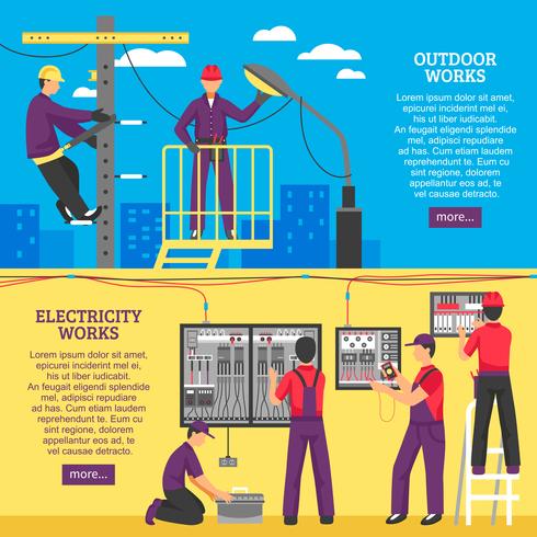 People Doing Electrical Works Horizontal Banners vector
