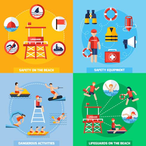Lifeguard 4 Flat Icons Square Composition vector