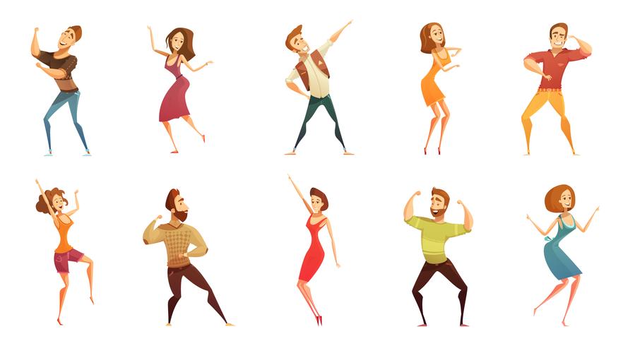 Conjunto de iconos de dibujos animados divertidos personas bailando vector