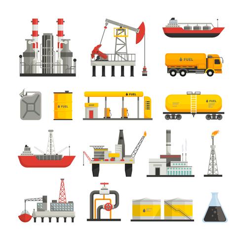 Conjunto de iconos de la industria de la gasolina y aceite vector