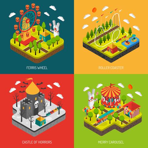 Parque de atracciones 4 iconos isométricos cuadrados vector