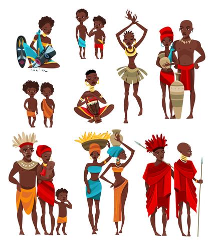 Colección de iconos planos de ropa de gente africana vector