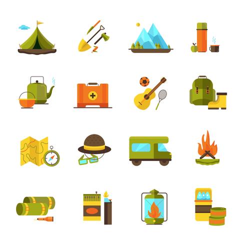 Camping senderismo aventura plana iconos conjunto vector