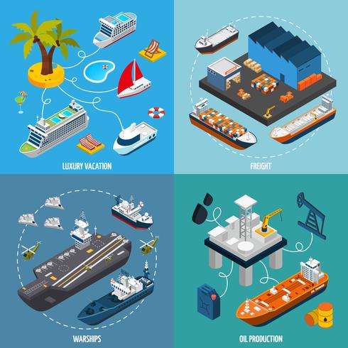 Naves barcos 4 iconos isométricos cuadrados vector