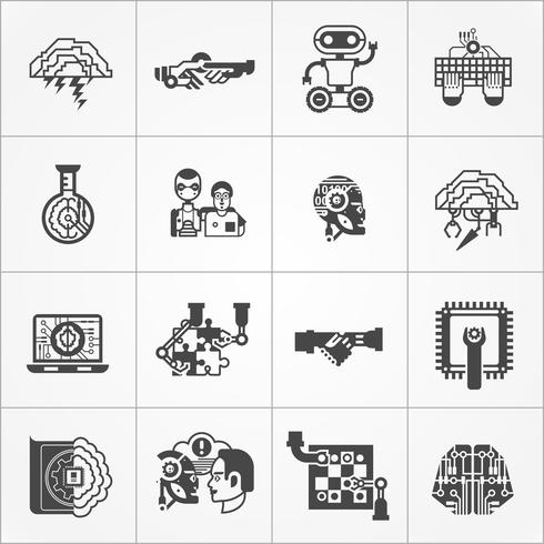 Inteligencia artificial negro blanco iconos conjunto vector