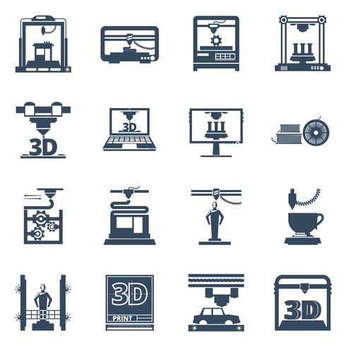 3D Printing Black Contour Icons Collection  vector