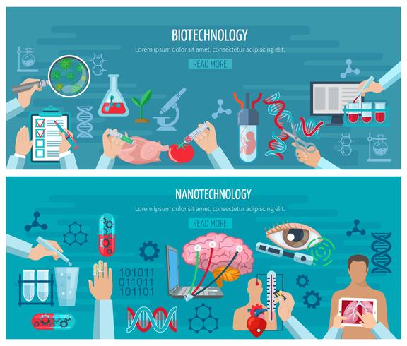 Banners horizontales de biotecnología y nanotecnología vector