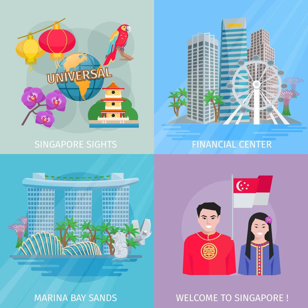 Singapore Culture 4 Flat Icons Square vector