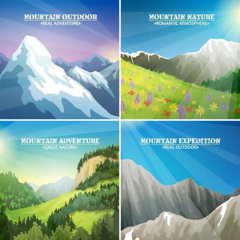 Paisajes de montaña 4 iconos planos cuadrados vector