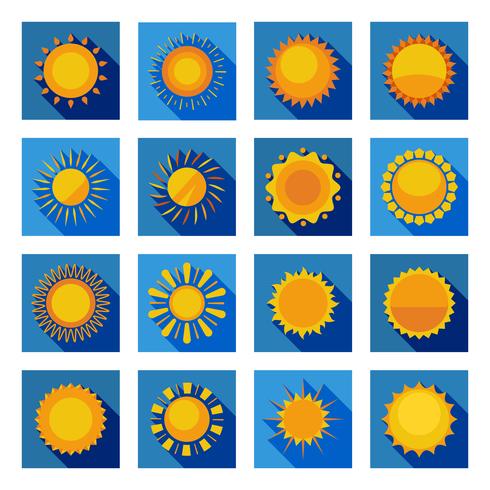 Iconos planos de sol en cuadrados azules aislados vector