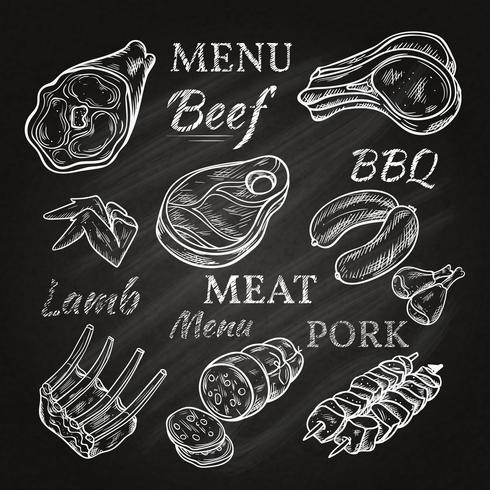 Iconos de menú de carne retro en pizarra vector